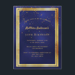convite brilhante de ouro azul aniversário de 30 a<br><div class="desc">Um cartão de convite de festas moderno e moderno para homens, caras, homens. Um fundo azul escuro, azul marinho. A cor azul é irregular. Com uma falso moldura dourada e um sprinkle confetti de ouro, letras coloridas de ouro. Modelos para informações sobre a sua parte. Traseira: design de cartão postal...</div>