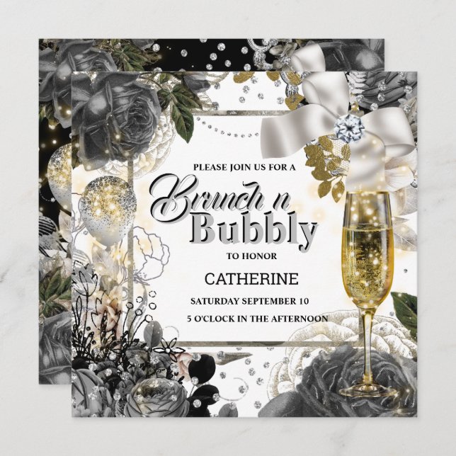 Convite Brilhante do chique rosa prateado branco preto (Frente/Verso)