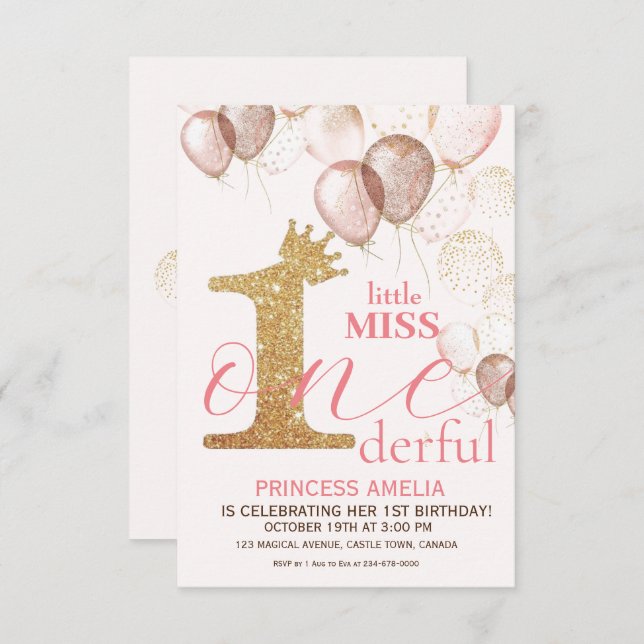 Convite Brilhante Dourada Princesa BlushPrimeiro Aniversár (Frente/Verso)