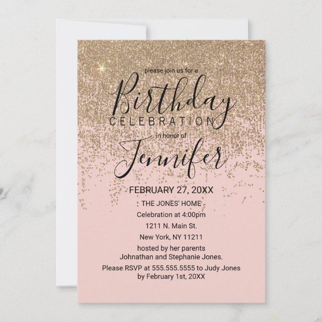 Convite Brilhante Dourado Suspira Festa de aniversário Ros (Frente)