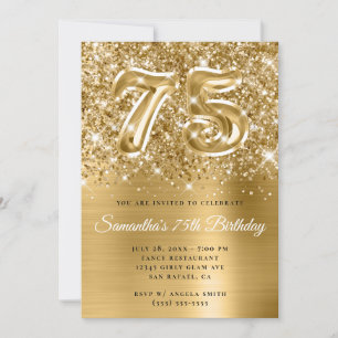 Convite Brilhante Espelhado Dourado Glam 75º Aniversário