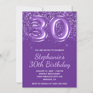 Convite Brilhante Espelhado Roxo Real Número 30 Aniversári