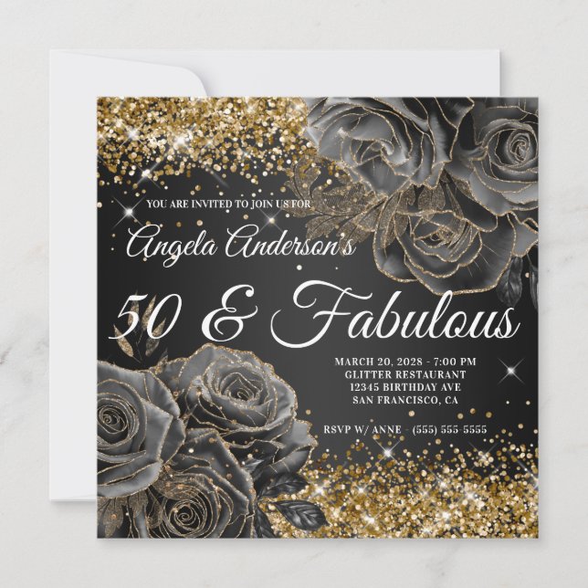 Convite Brilhante Glamouroso Dourado com Rosa Preta para 5 (Frente)