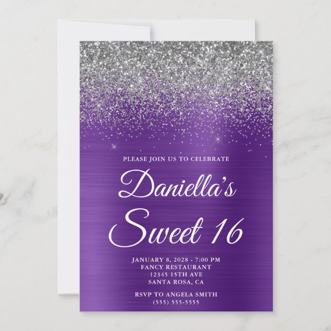 Convite Brilhante Glitter Prata Folha Roxo Real Doce 16 (Frente)