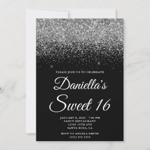 Convite Brilhante Glitter Prata Preto Sweet 16