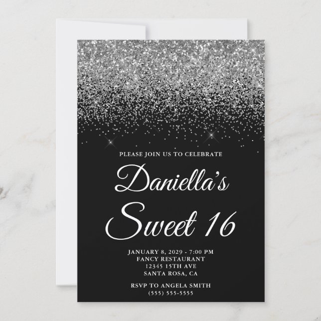 Convite Brilhante Glitter Prata Preto Sweet 16 (Frente)