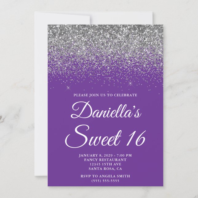 Convite Brilhante Glitter Prata Roxo Real Doce 16 (Frente)