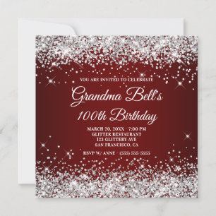 Convite Brilhante Glitter Prata Vermelho Escuro Aniversári