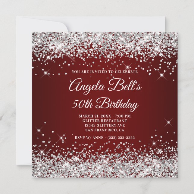 Convite Brilhante Glitter Prata Vermelho Escuro Aniversári (Frente)