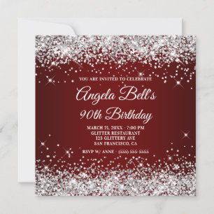 Convite Brilhante Glitter Prata Vermelho Escuro Aniversári