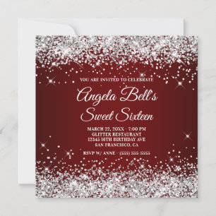 Convite Brilhante Glitter Prata Vermelho Escuro Sweet Sixt