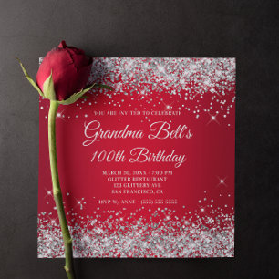 Convite Brilhante Glitter Prata Vermelho Ombre 100º Aniver