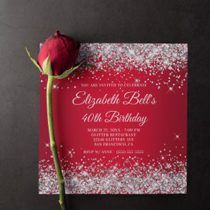 Convite Brilhante Glitter Prata Vermelho Ombre 40º Anivers