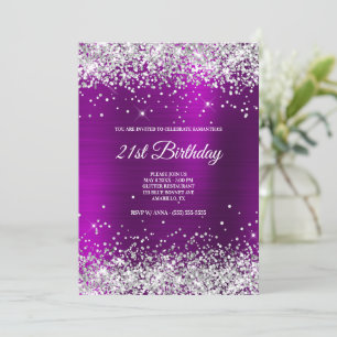 Convite Brilhante Glitter Prateado Magenta Roxo Seda Folha