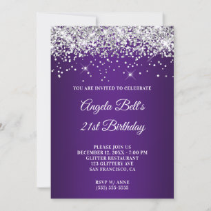 Convite Brilhante Glitter Prateado Roxo Ombre 21º Aniversá