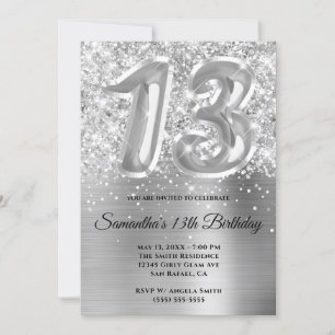 Convite Brilhante Glittery Prata Glam 13º Aniversário