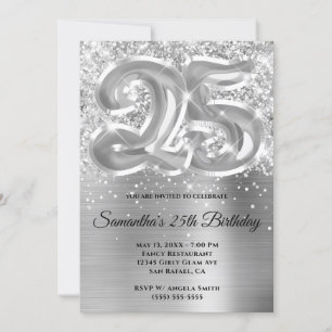Convite Brilhante Glittery Prata Glam 25º Aniversário