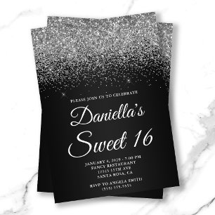 Convite Brilhante Gradiente Preto Glitter Prata Doce 16