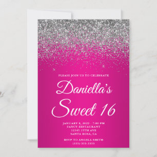 Convite Brilhante Gradiente Rosa Quente Glitter Prata Swee