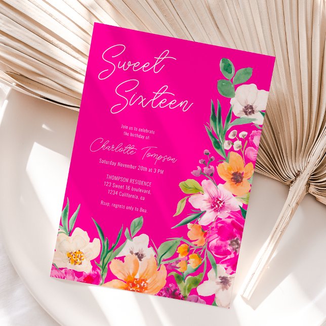 Convite Brilhante guião de flores silvestres Doce 16 (Bright bold wild flowers script Sweet 16 Invitation)