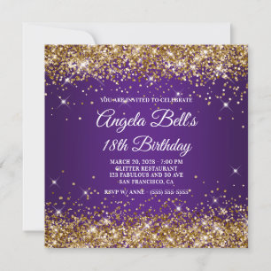 Convite Brilhante Ouro Glitter Roxo Real 18º Aniversário