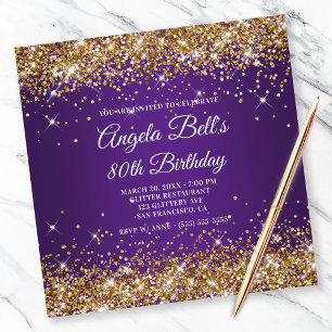 Convite Brilhante Ouro Glitter Roxo Real 80º Aniversário