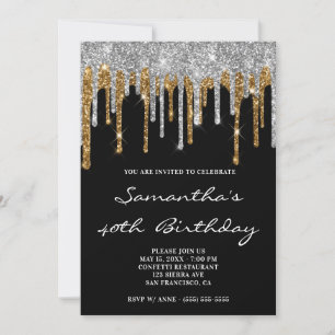 Convite Brilhante Prata Dourado Glitter Gotas Preto Aniver