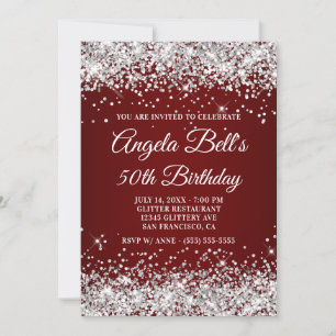 Convite Brilhante Prata Glitter Borgonha Aniversário de 50