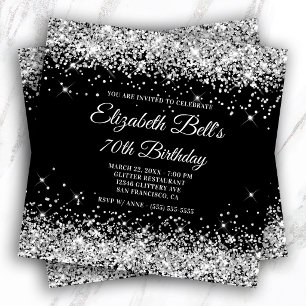 Convite Brilhante Prata Glitter Cor Preta Aniversário de 7