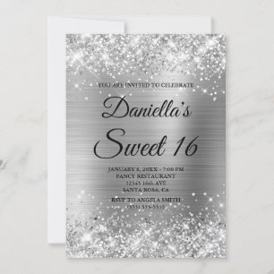 Convite Brilhante Prata Glitter e Sweet 16 de Folha