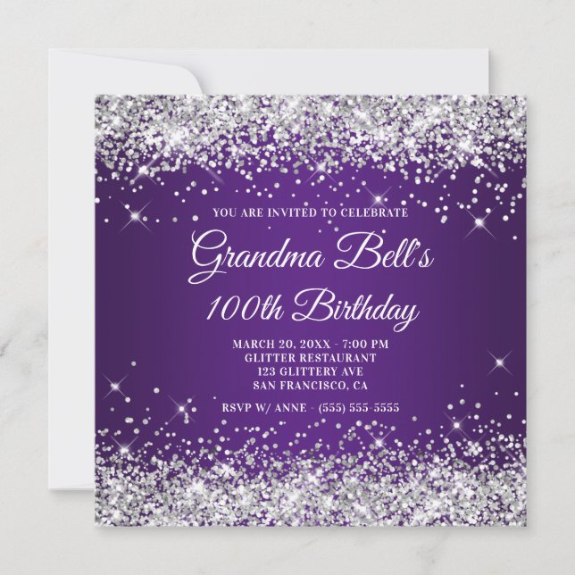 Convite Brilhante Prata Glitter Roxo Real 100º Aniversário (Frente)