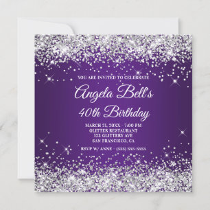 Convite Brilhante Prata Glitter Roxo Real 40º Aniversário