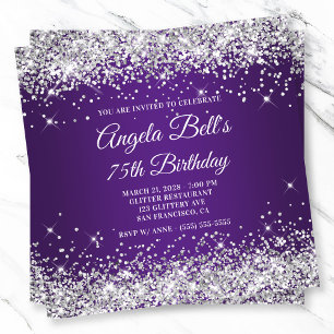 Convite Brilhante Prata Glitter Roxo Real 75º Aniversário