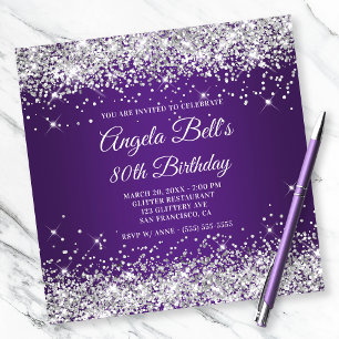 Convite Brilhante Prata Glitter Roxo Real 80º Aniversário