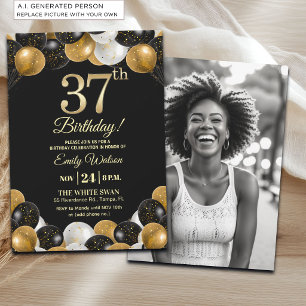 Convite Brilhante Preto Dourado Glitter Aniversário de 37