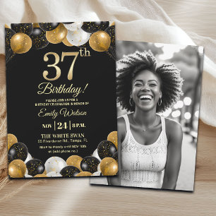 Convite Brilhante Preto Dourado Glitter Aniversário de 37 