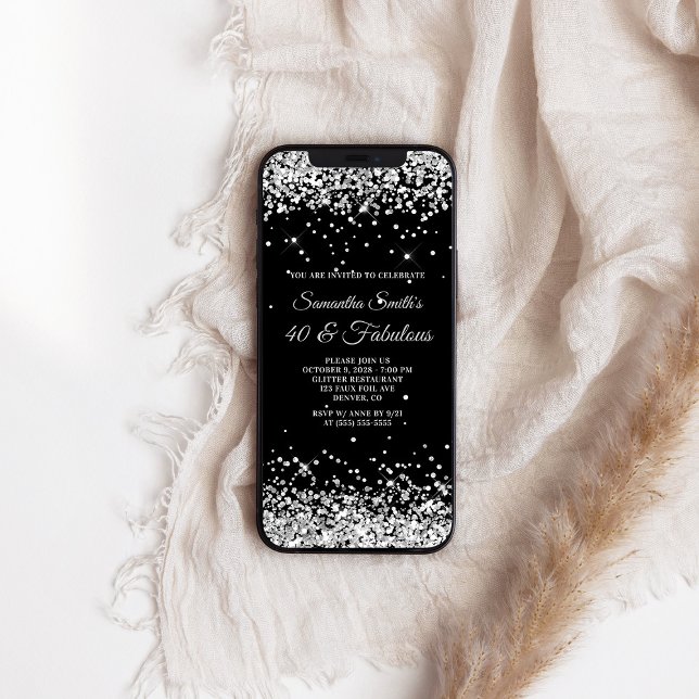 Convite Brilhante preto e prateado 40 e fabuloso (Black and Silver Glitter 40 and Fabulous Invitation)