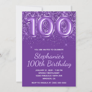 Convite Brilhante Purpura Real Gliter Número 100 Aniversár