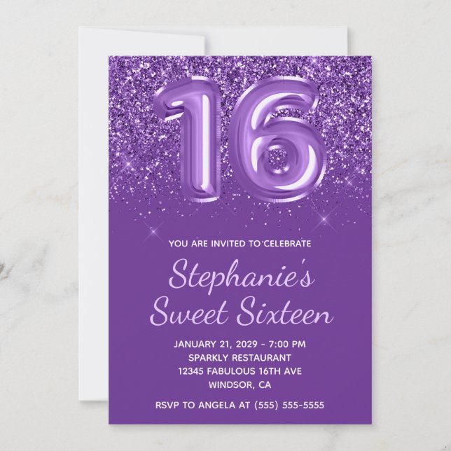 Convite Brilhante Purpura Real Gliter Número 16 Aniversári (Frente)