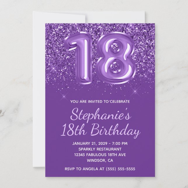 Convite Brilhante Purpura Real Gliter Número 18 Aniversári (Frente)