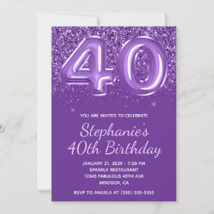 Convite Brilhante Purpura Real Gliter Número 40 Aniversári