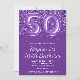 Convite Brilhante Reluzente Roxo Real Número 50 Aniversári