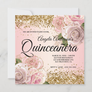 Convite Brilhante Rosa Floral Quinceañera com Glitter Dour