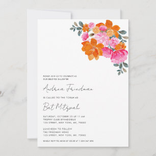 Convite Brilhante Rosa Laranja Floral Vibrante Bat Mitzvah