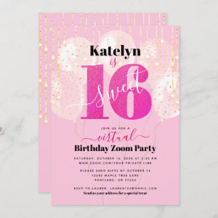 Convite Brilhante Rosa Virtual - Doce 16 Balões de Anivers