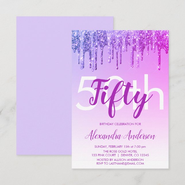Convite Brilhante roxo - Festa de aniversário 50 (Frente/Verso)
