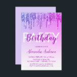 Convite Brilhante Roxo Qualquer Aniversário De Idade<br><div class="desc">Derramamento Roxo De Largura Personalizado A Qualquer Convite de aniversário De Idade. Este é o Convite Aniversário perfeito para uma Festa de aniversário de Rapariga Moderna Glitter Sparkle. Entre em contato com o designer para encontrar itens personalizados correspondentes.</div>