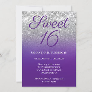 Convite Brilhante Roxo Real Prata Ombre Sweet 16