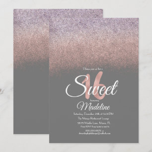 Convite Brilhante violeta elegante com brilho cor-de-rosa 