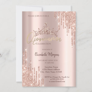Convite Brilhantes Coroa de Glitter Rosa Chic Drops Quince